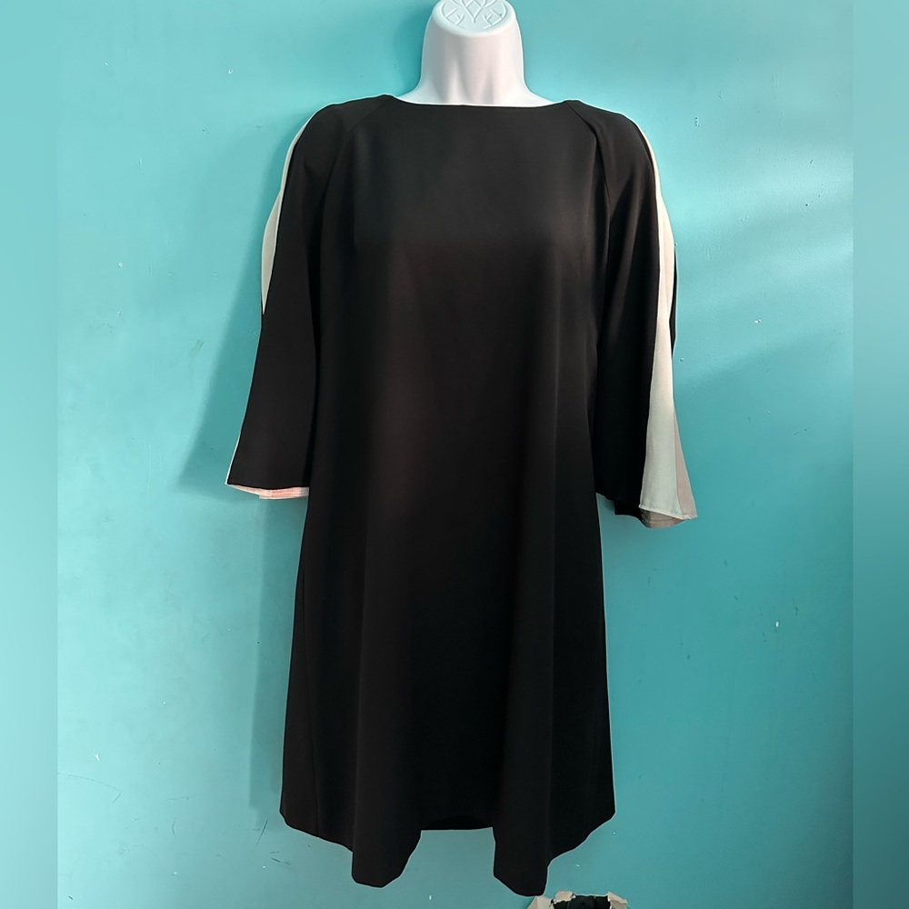 Black dress with colored strip sleeves (pink and white)